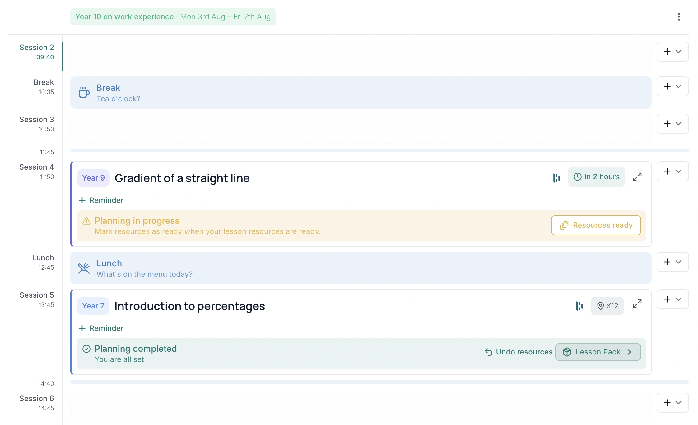 Qlix calendar - school day with lessons and planning status