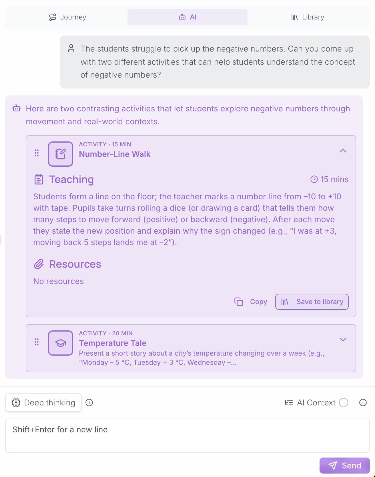 QlixAI assistant suggesting activities inside a lesson